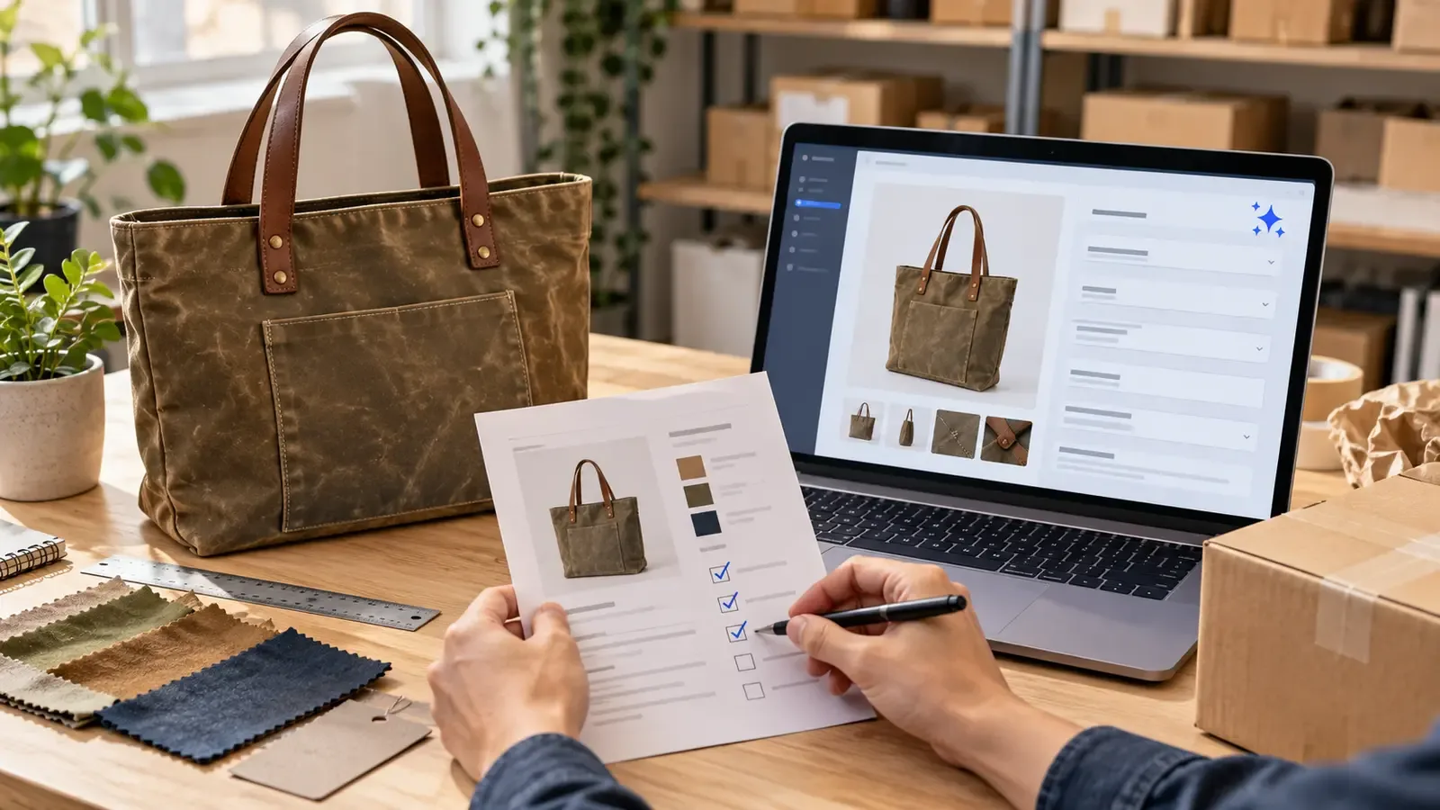 Online seller checks an AI-assisted tote bag listing against the real product and a fact sheet