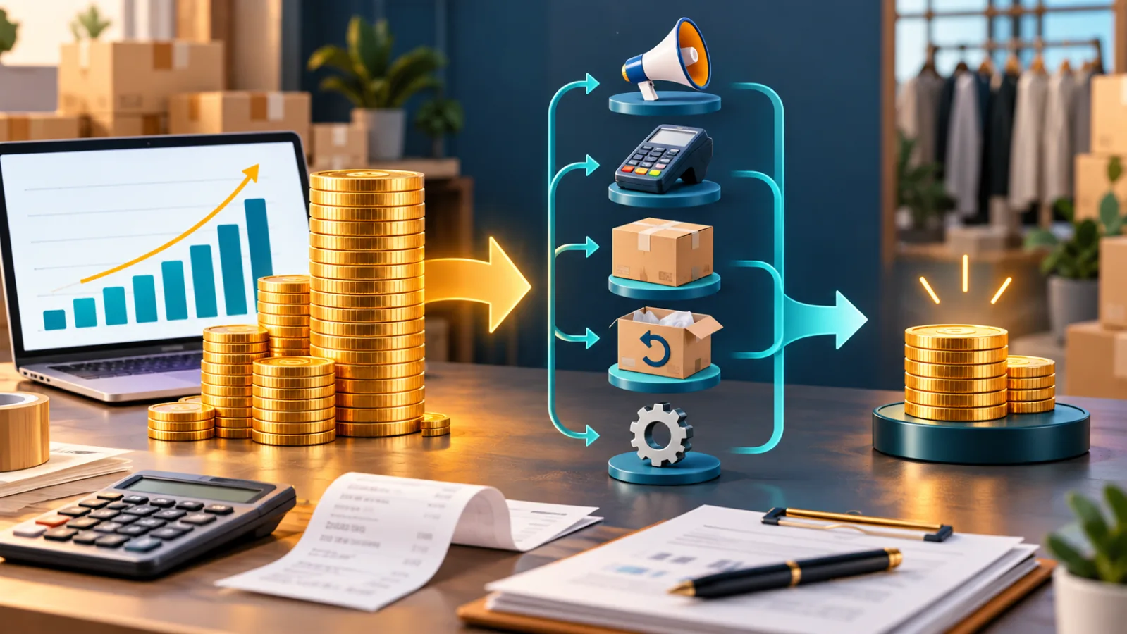Online seller comparing gross profit with smaller net profit after ecommerce expenses