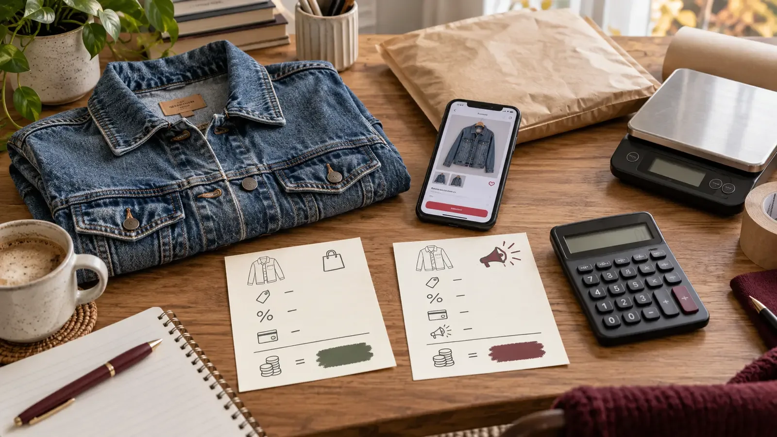 Fashion reseller compares standard and boosted Depop sale fees beside a vintage denim jacket
