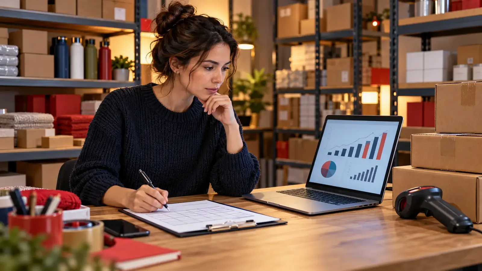 Online seller reviewing a holiday inventory forecast beside stocked shelves