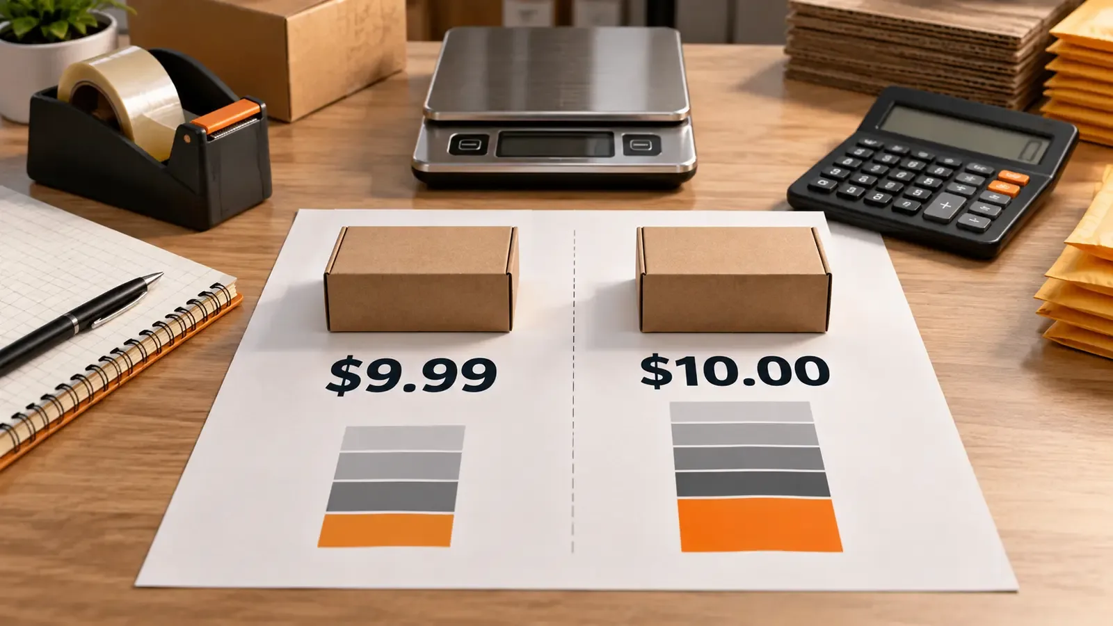 Two identical parcels compared at $9.99 and $10.00 for an Amazon FBA fee decision