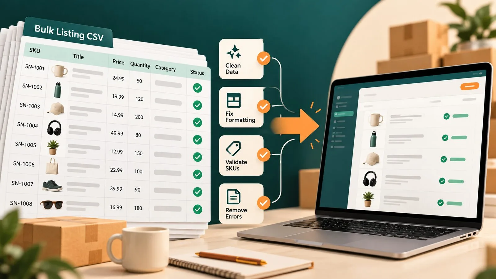 Seller cleaning a bulk listing CSV before importing products