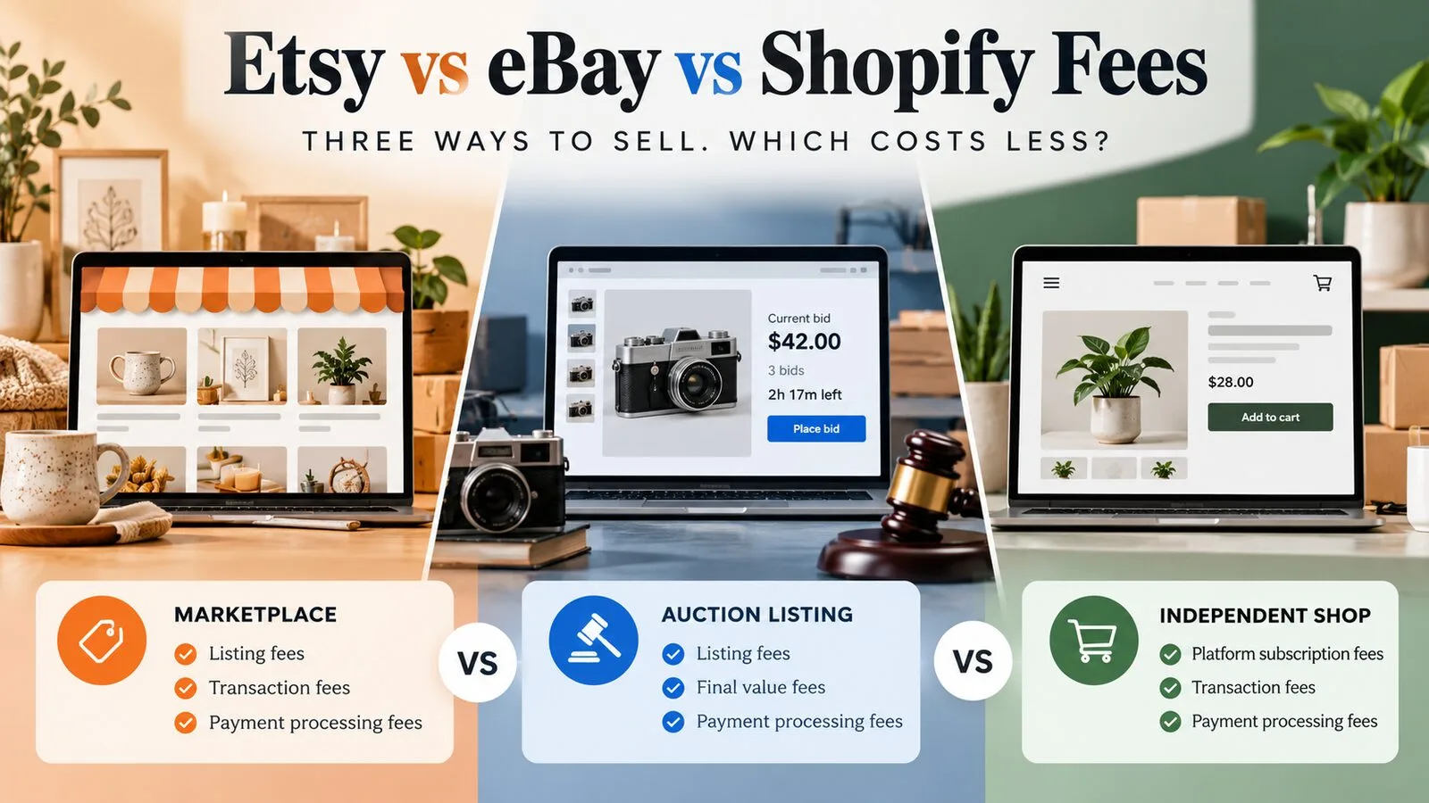 Comparison of Etsy, eBay and Shopify selling fees