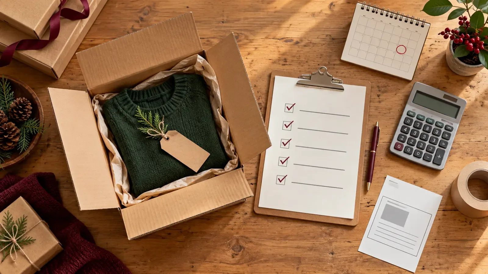 Seller plans a holiday return deadline and refund costs beside an opened parcel and calculator