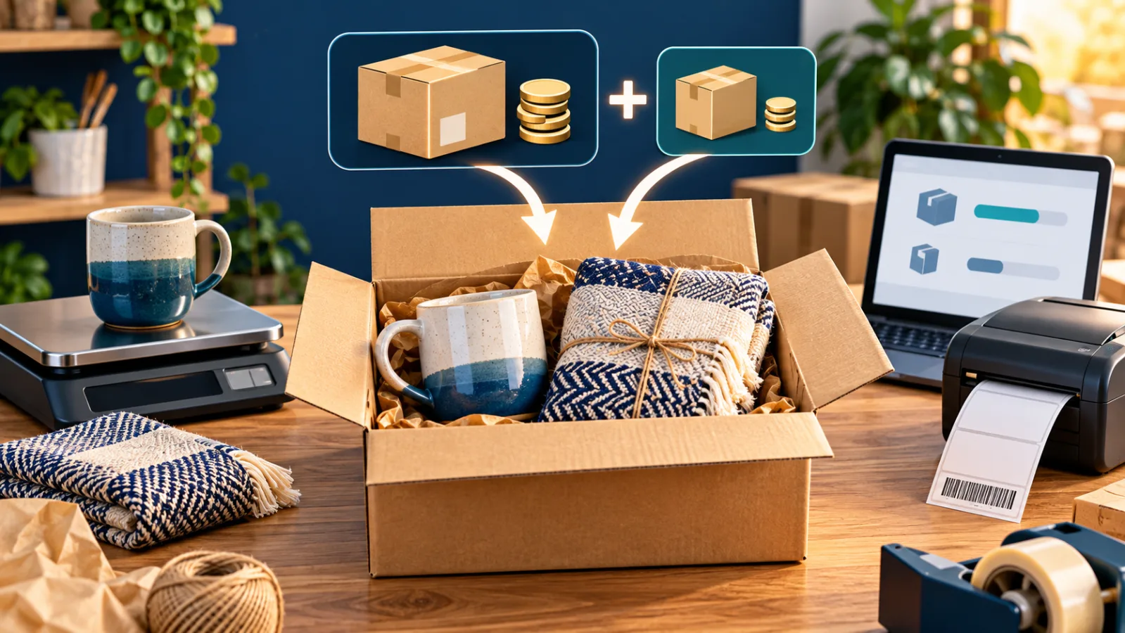 Etsy seller combining a ceramic mug and textile in one multi-item shipping box