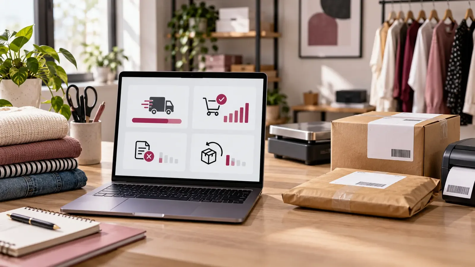 Resale seller reviews shipping, completed orders, cancellations and returns at a packing station