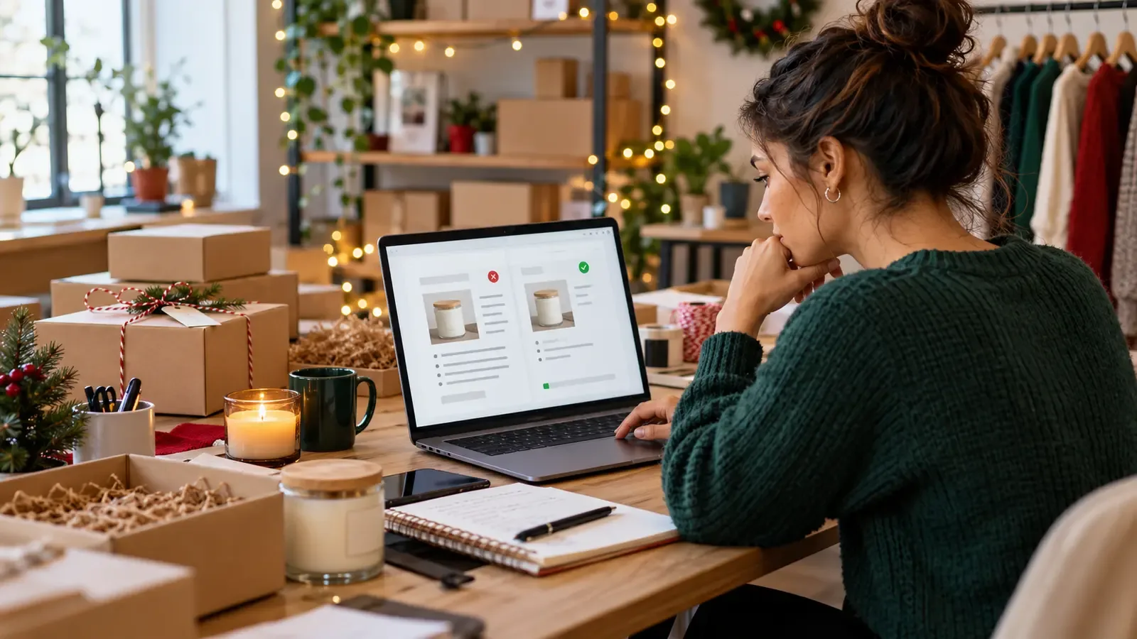Online seller reviewing shorter product titles for a holiday marketplace catalogue