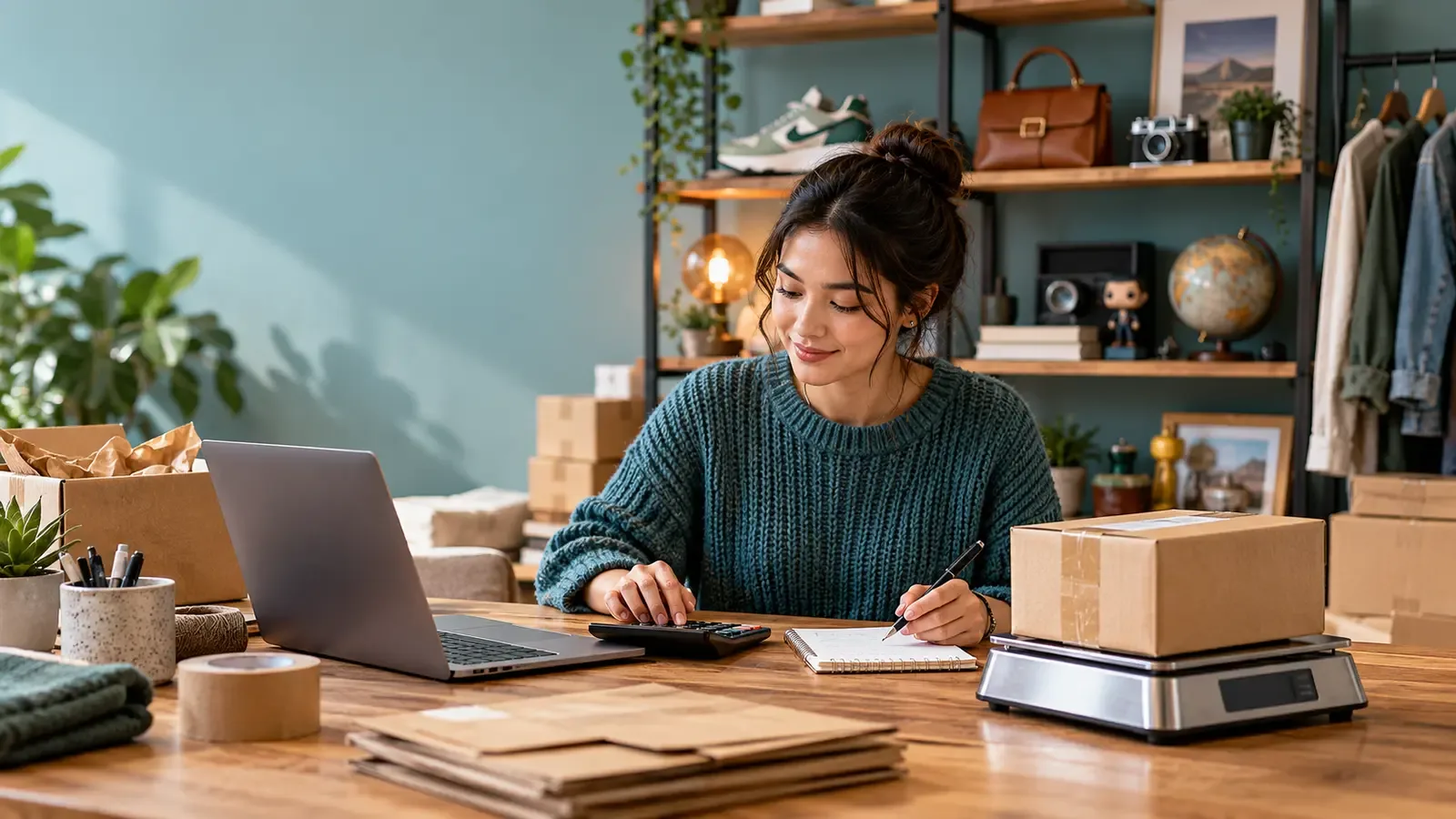 Online reseller calculating Mercari selling fees while weighing a packed parcel
