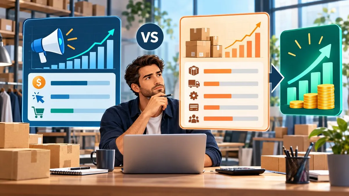 Online seller comparing ecommerce ad revenue, campaign costs and advertising ROI