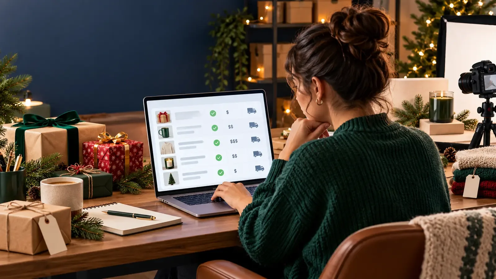 Online seller reviewing holiday product feed prices, stock and shipping details