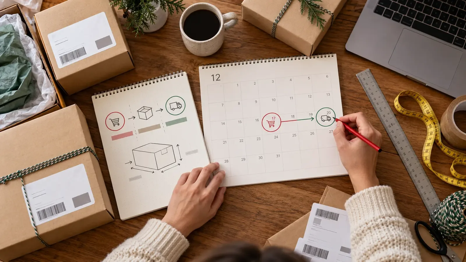Seller plans holiday order and carrier shipping cutoffs beside packed parcels and a December calendar