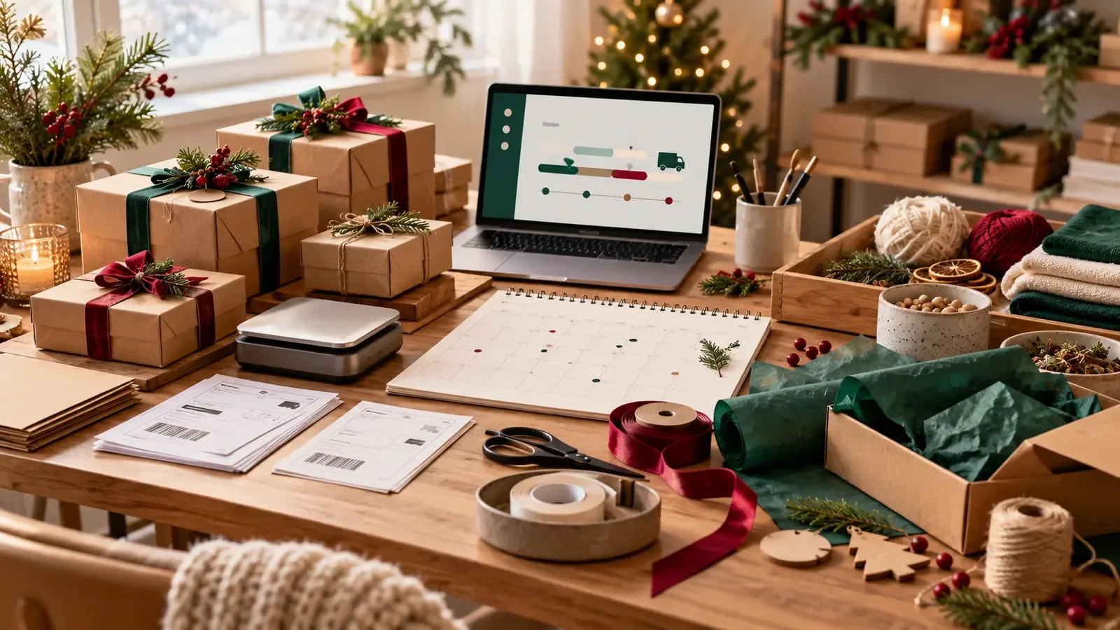 Holiday packing desk with ready-to-ship gifts and made-to-order materials beside a delivery schedule