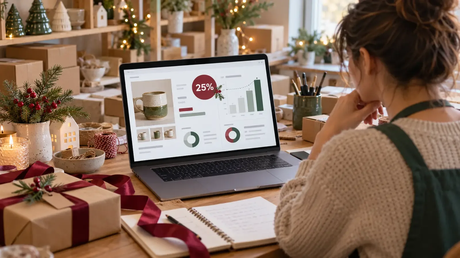 Etsy seller checks a 25 percent holiday discount beside gift-ready inventory