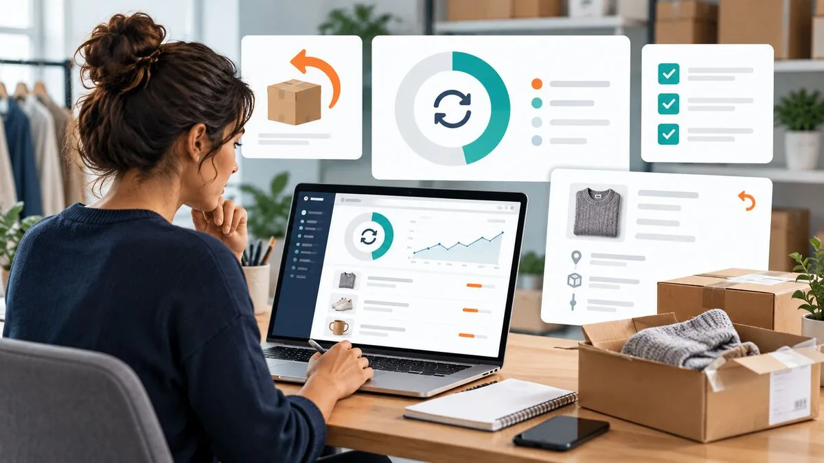 Online seller reviewing returned packages and ecommerce return rate metrics