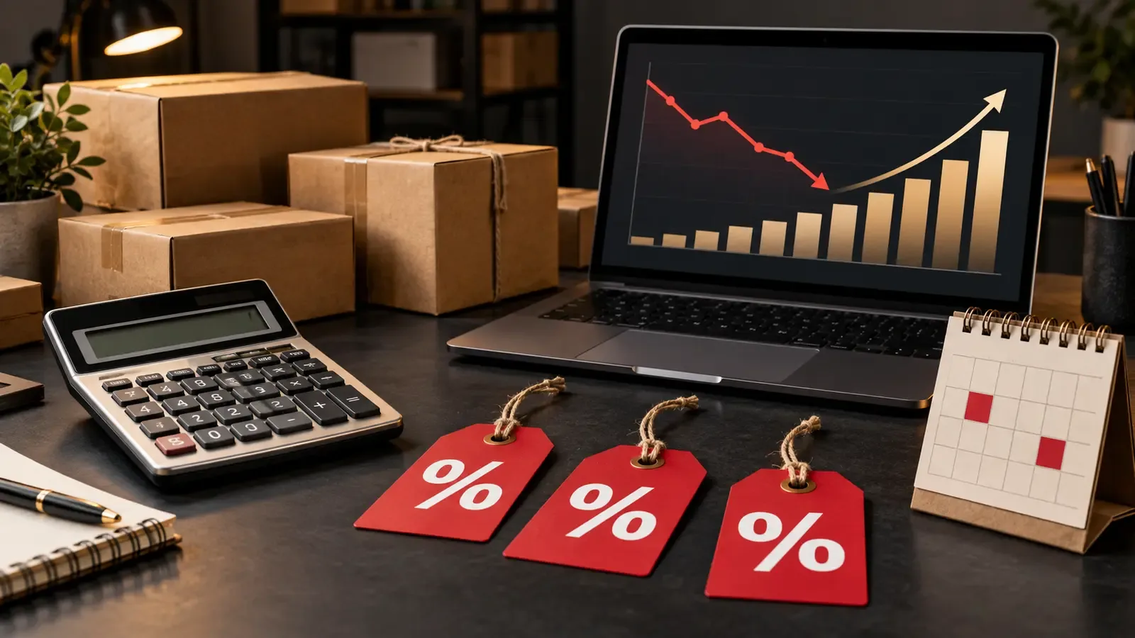 Black Friday sale tags, calculator, parcels and profit chart on an online seller's desk