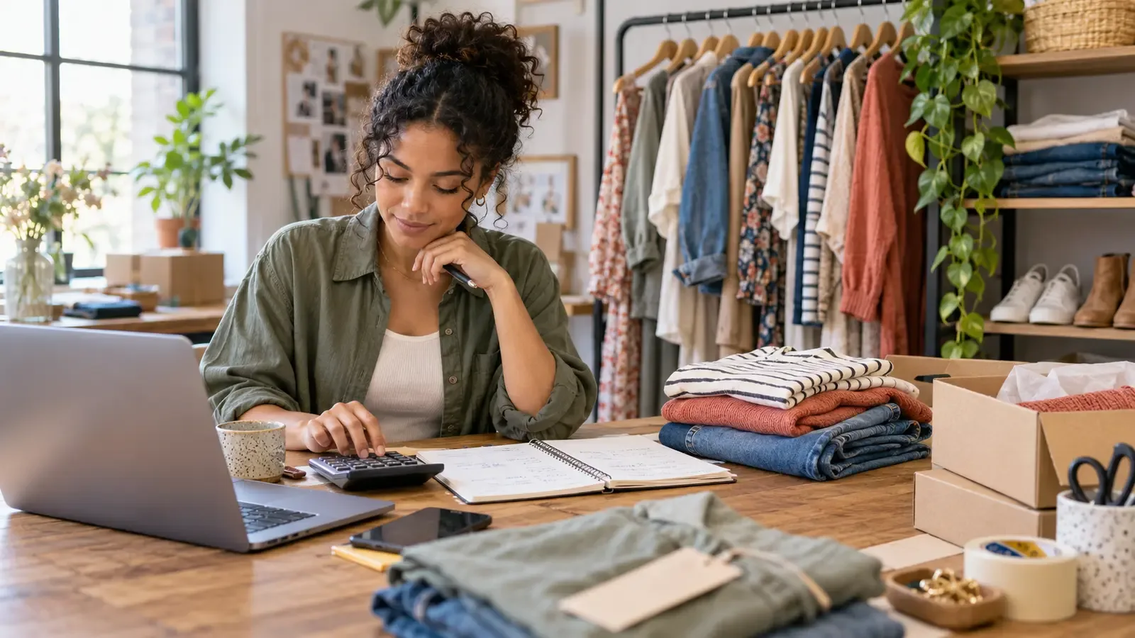 Fashion reseller calculating Poshmark seller fees and net profit beside clothing inventory