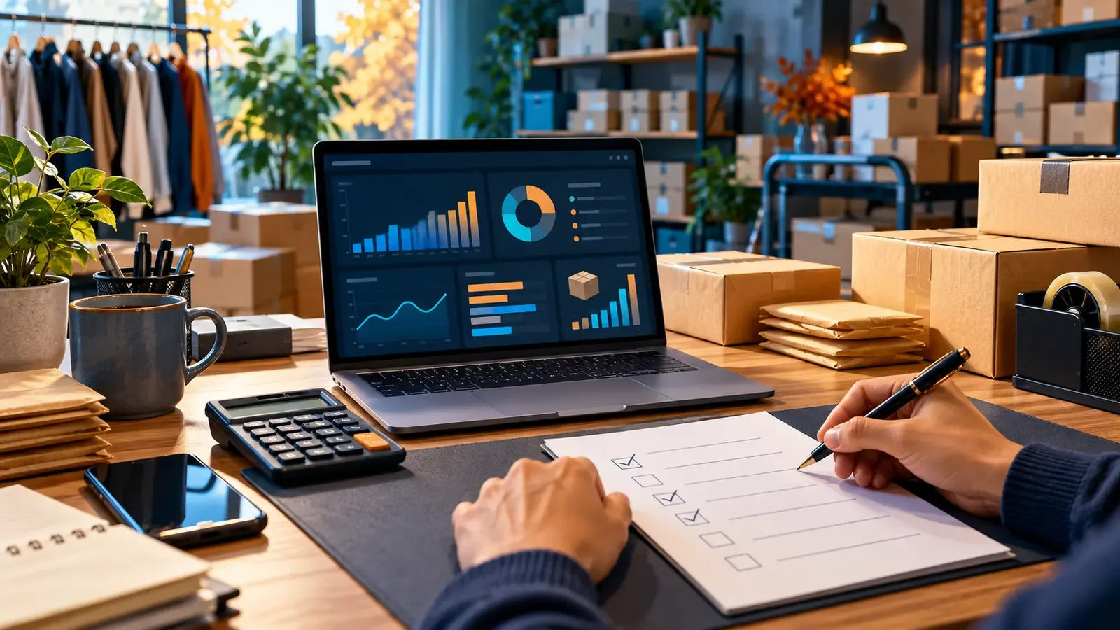 Online seller checking inventory, advertising and profit before an October sales event