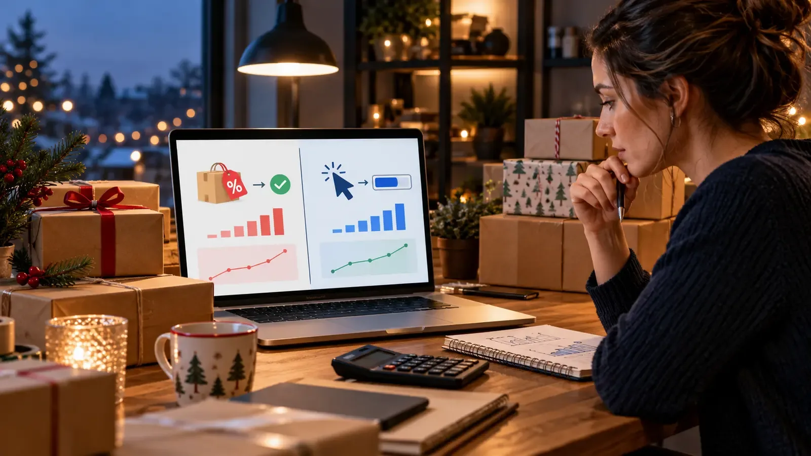 eBay seller compares cost-per-sale and cost-per-click holiday advertising beside packed orders