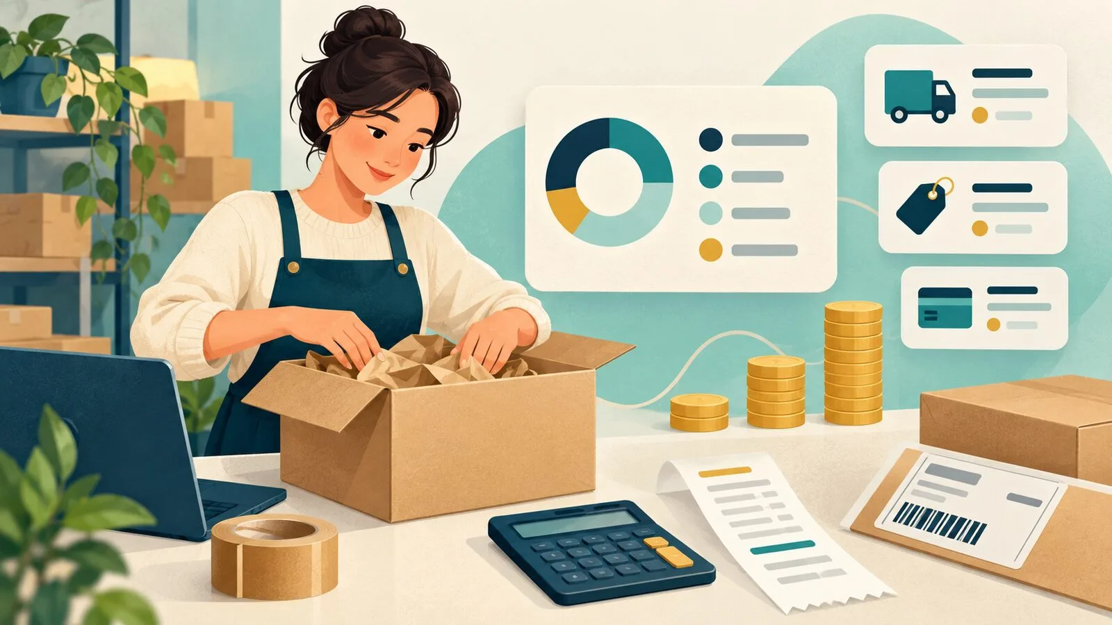 Seller calculating dimensional weight and parcel shipping costs