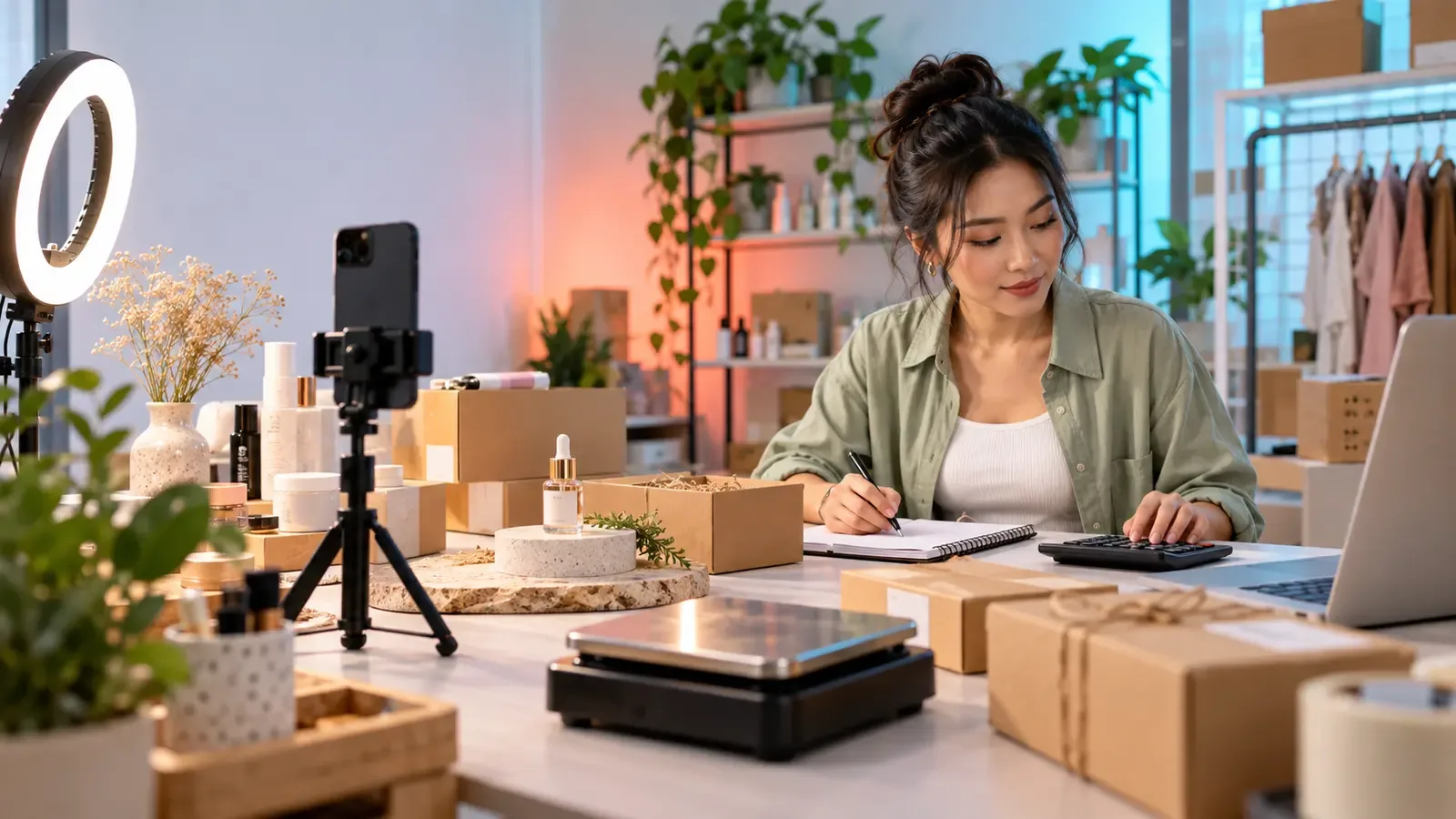 Online seller calculating TikTok Shop fees beside a smartphone product studio and packed orders
