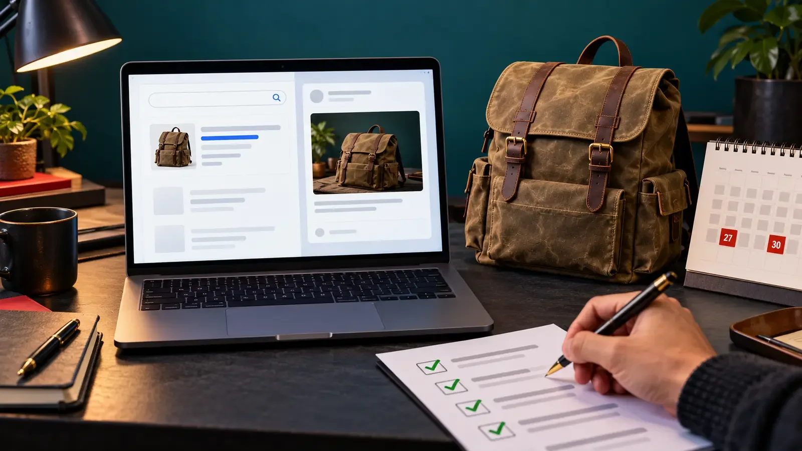Seller reviews a Black Friday product page search preview, social card and campaign checklist beside a canvas backpack