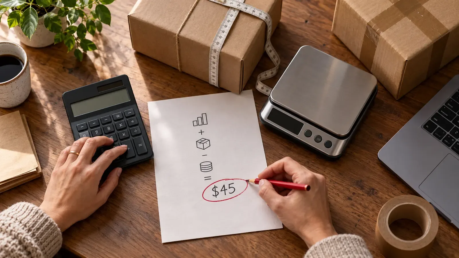Seller calculates a $45 free shipping threshold beside packed parcels, a scale and measuring tape