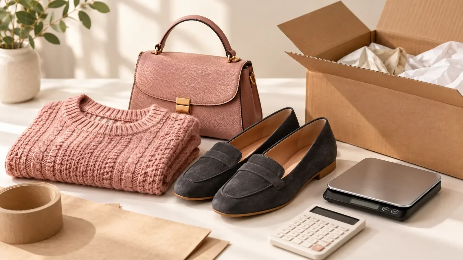 Three resale items packed as one bundle while the seller calculates discount and shipping costs