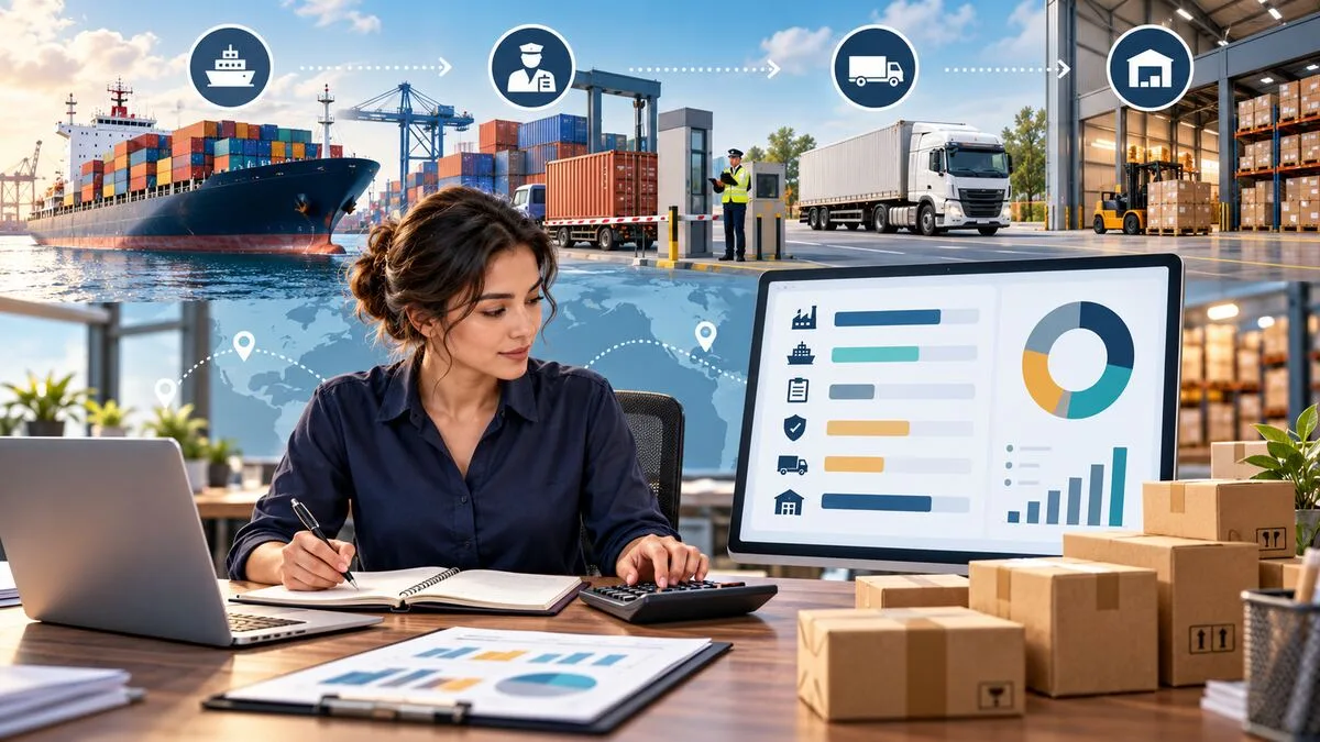 Online seller calculating landed cost from international freight, customs and warehouse expenses