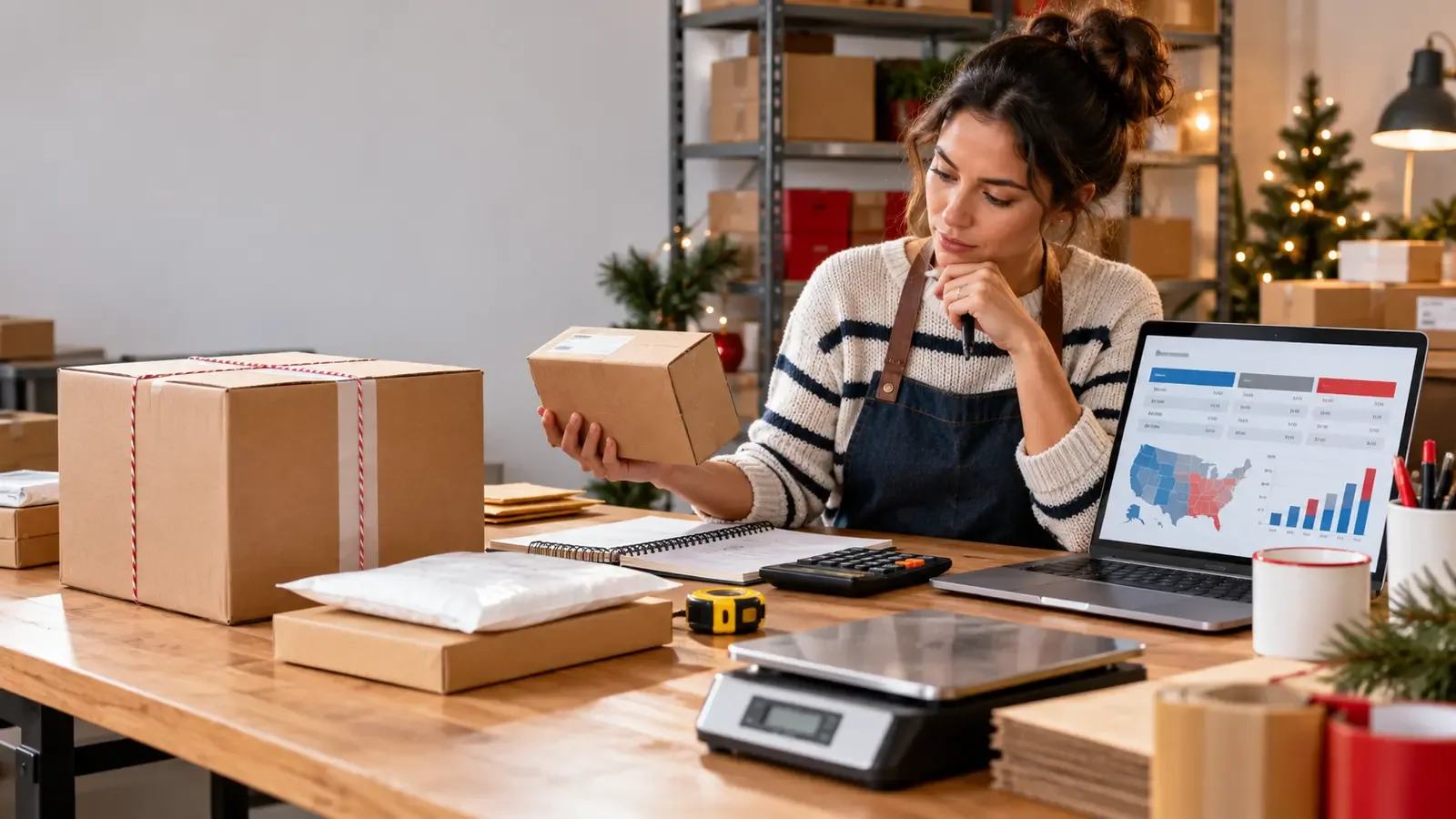 Online seller comparing holiday parcel sizes and shipping costs at a packing desk